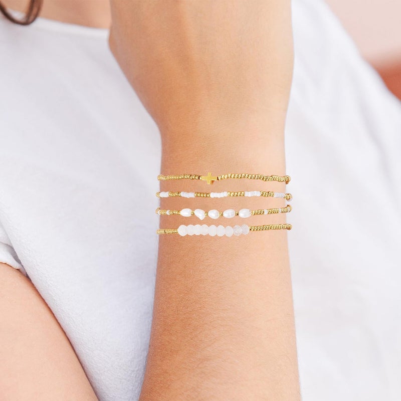 Pymach Store Dainty Gold Plated Pearl Crystal Beaded Bracelets Set for Women 14K Gold Plated Bead Pearl Beads Bracelet Stackable Paperclip Link Chain Bracelets Gold Plated Bracelets for Women Trendy Jewelry - Image 4